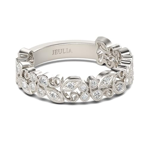 Jeulia 925 Sterling Silber Milgrain Damenring mit Blattdesign Runder Schnitt Verlobungsring Ewigkeitsringe Eheringe mit Schmuckschatulle zum Geburtstag, Jahrestag, Valentinstag (Silber, 53(16.9)) von Jeulia