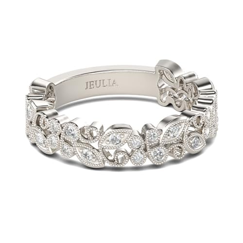 Jeulia 925 Sterling Silber Milgrain Damenring mit Blattdesign Runder Schnitt Verlobungsring Ewigkeitsringe Eheringe mit Schmuckschatulle zum Geburtstag, Jahrestag, Valentinstag (Silber, 56(17.7)) von Jeulia