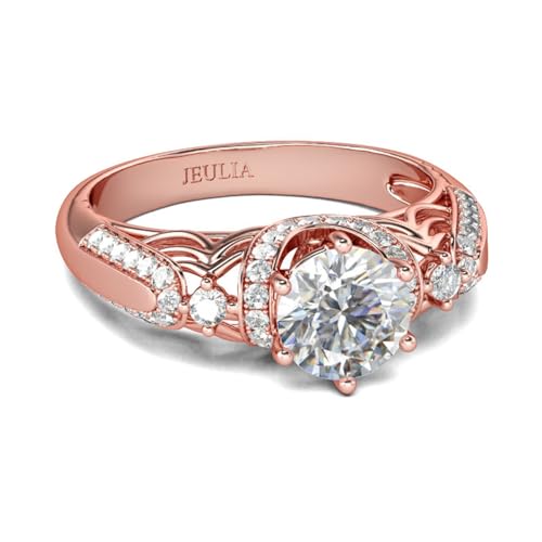 Jeulia 925 Sterling Silber Ring Damen aus Roségold Verlobungsring Ewigkeitsringe Eheringe Zirkonia Kristall Damenring zum Weihnachten, Valentinstag (Halo-Rundschliff, 50(15.7)) von Jeulia