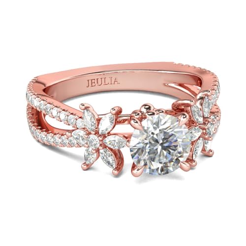 Jeulia 925 Sterling Silber Ring Damen aus Roségold Verlobungsring Ewigkeitsringe Eheringe Zirkonia Kristall Damenring zum Weihnachten, Valentinstag (Runder Schnitt mit Blumenmuster, 61(19.4)) von Jeulia