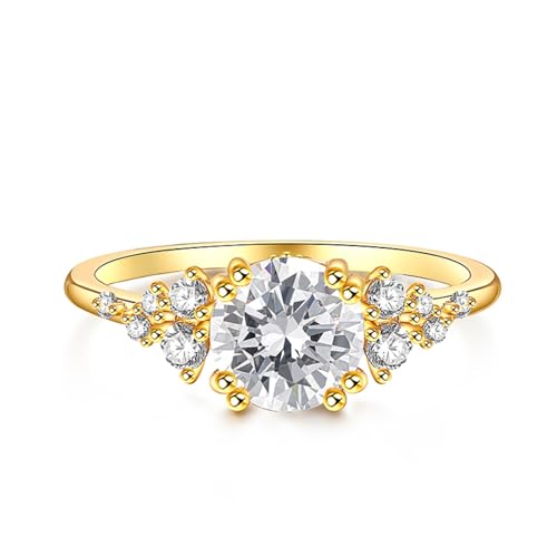 Jeulia 925 Sterling Silber Rundschliff Verlobungsring Ewigkeitsringe Eheringe 2,5 CT Cluster Zirkonia Kristall Damenring mit Schmuckschatulle für Weihnachten, Valentinstag (Gelbgold, 57(18.1)) von Jeulia