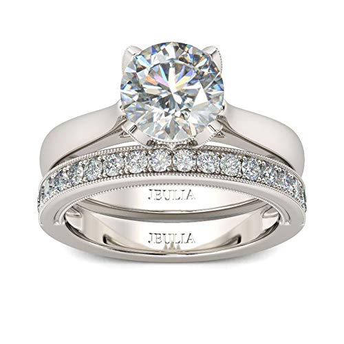 Jeulia Braut Set für Frauen 2,5 Karat Gravur Rundschliff Sterling Silber Solitaire Verlobungsringe CZ Ehering Zirkonia Versprechen Jubiläumsringe mit Schmuck Geschenkbox (54 (17.3)) von Jeulia