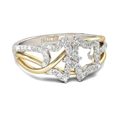 Jeulia Breiter 925 Silber Ring Verlobungsring Ewigkeitsringe Eheringe Für Damen Mädchen Jubiläums Ringe mit Schmuckschatulle zum Weihnachten, Valentinstag (Doppelstern-Design, 51(16.1)) von Jeulia