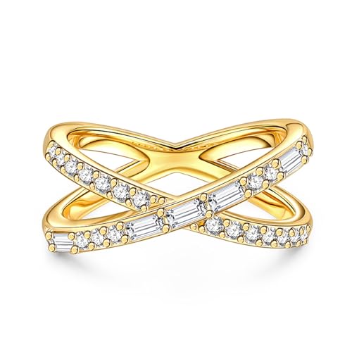 Jeulia Crossover 925 Silber Ring Für Damen Mädchen Liebe Morsecode Verlobungsring Ewigkeitsringe Eheringe zum Geburtstag, Weihnachten, Valentinstag mit Schmuckschatulle (Gelbes Gold, 53(16.9)) von Jeulia