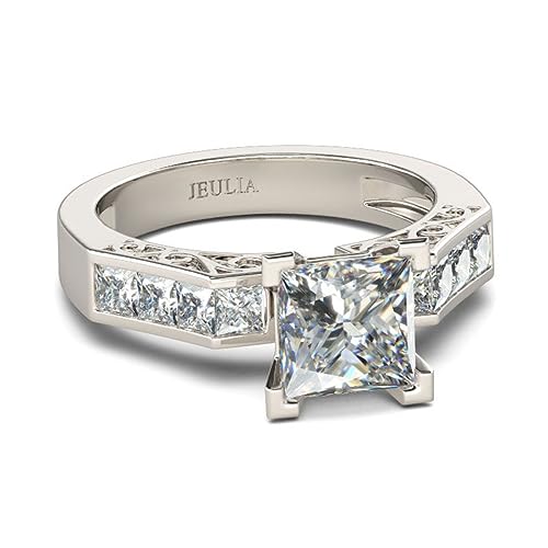 Jeulia Damen Eternity Diamant Verlobungsring: Sterling Silber Prinzess-Schliff 4-Prong Zirkonia Ringe Anniversary Unendlichkeit Schmuck mit Geschenk Box (54（17.3）, Silber-1) von Jeulia