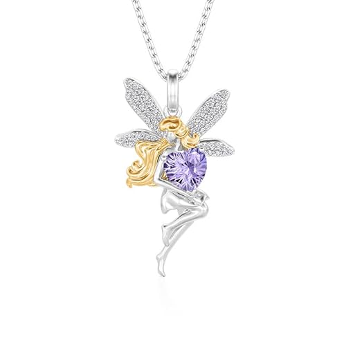Jeulia Damen Halskette Violett Herzschliff Zirkonia Silberkette Engel Fee Kette mit Anhänger Panzerkette Modisch Zweifarbig Damenkette Verstellbar Halskette für Frauen Mädchen Geschenk (Silber) von Jeulia