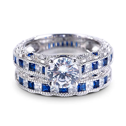 Jeulia Damen Ringe Set Vintage Rundschliff Sterling Silber Ringe Set Groß mit Weiße Stein und Blaue Kristalle Bestes Valentinstag für Frau Freundin von Jeulia