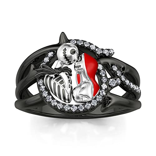 Jeulia Damen Schwarz Totenkopf Ringe: Sterling Silber 6.96 ct Diamant Herz Baumeln Ring Jack&Sally CZ Schädel Paar Verlobungsring für Frauen mit Geschenk Box Halloween Schmuck (53（16.9）, Ewige Liebe) von Jeulia