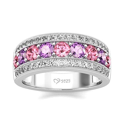 Jeulia Damen Sterling Silber Klassisch Rundschliff Memoire-Ringe mit Zweifarbige Rosa und lila Zirkon Steinen Valentinstag für Frau Freundin mit Geschenkbox von Jeulia