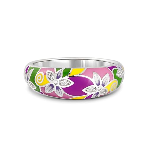 Jeulia Damen Sterling Silber Ring Mehrfarbig Emaille Blumen Geometrisch Diamant Band Ring für Frauen Mädchen Breiter Ring Party Schmuck Personalisierte Anniversary Geschenk (57（18.1）, Blume) von Jeulia