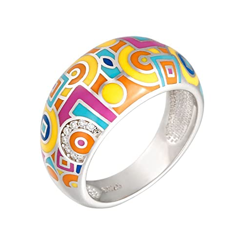 Jeulia Damen Sterling Silber Ring Mehrfarbig Emaille Blumen Geometrisch Diamant Band Ring für Frauen Mädchen Breiter Ring Party Schmuck Personalisierte Anniversary Geschenk (58（18.5）, Geometric) von Jeulia