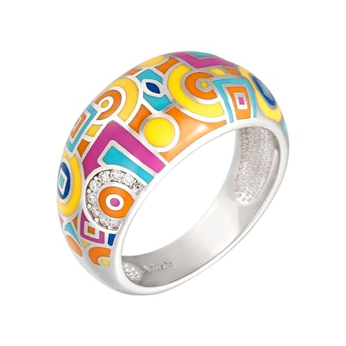 Jeulia Damen Sterling Silber Ring Mehrfarbig Emaille Blumen Geometrisch Diamant Band Ring für Frauen Mädchen Breiter Ring Party Schmuck Personalisierte Anniversary Geschenk (61（19.4）, Geometric) von Jeulia