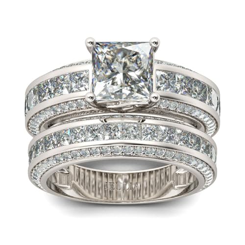 Jeulia Damen Sterling Silber Ringe Set Prinzess-Schliff 4-Prong Diamant Ringe Set Schmuck für Braut Hochzeit Band Verlobungsring Trauring Ehering (Sterling Silber, 57 (18.1)) von Jeulia