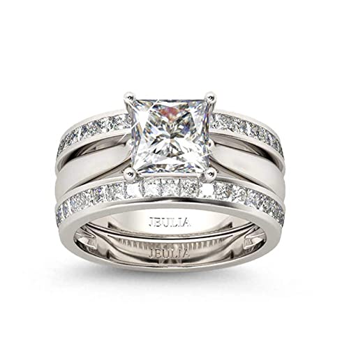 Jeulia Damen Sterling Silber Ringe Set Prinzess-Schliff Enhancer Diamant Ringe Set Schmuck für Braut Hochzeit Band Verlobungsring Trauring Ehering (53 (16.9)) von Jeulia