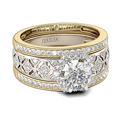 Jeulia Diamant Band Ringe Dame Sterling Silber Ring Vintage Halo Rundschliff Hochzeitring Verlobung Jahrestag Versprechen Braut Sets Ring für Frauen und Mädchen Mit Geschenkbox (Golden, 58(18.5)) von Jeulia