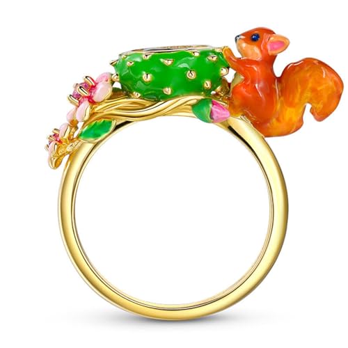 Jeulia Eichhörnchen mit Blumen-Emaille-Sterlingsilberring, 925er-Sterlingsilber, Verlobungs-, Jubiläums-, Versprechensringe mit Schmuckschatulle für Geburtstag, Valentinstag (Gelbes Gold, 59(19)) von Jeulia