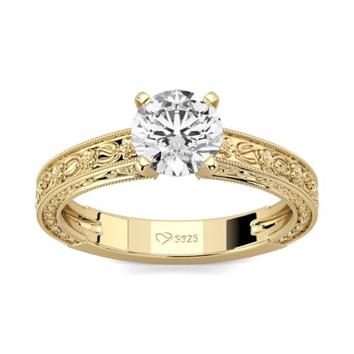 Jeulia Gelbgold Milgrain 925 Sterling Silber Damenring 2,5 ct Rundschliff Zirkonia Kristall Eheringe Bandringe Verlobungsring Ewigkeitsringe für Weihnachten, Valentinstag (Gelbgold, 59(19)) von Jeulia