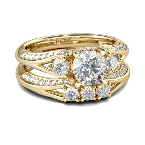 Jeulia Gelbgold Sterlingsilber Ringset Geteilter Rundschliff Zirkonia 2,5 ct Verlobungsringset Jubiläums Ewigkeitsringe Eheringe mit Schmuckschatulle (Gelbgold, 51(16.1)) von Jeulia