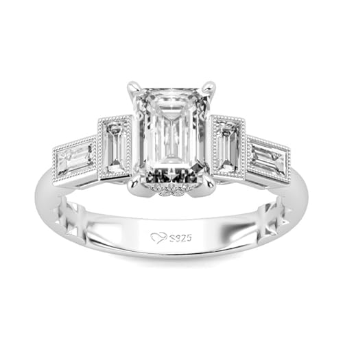 Jeulia Milgrain 2,45 Karat 925 Sterling Silber Ring Damen Smaragdschliff Verlobungsring Ewigkeitsringe Eheringe mit Schmuckschatulle Zirkonia Kristall Damenring für Valentinstag (Silber, 67(21.4)) von Jeulia