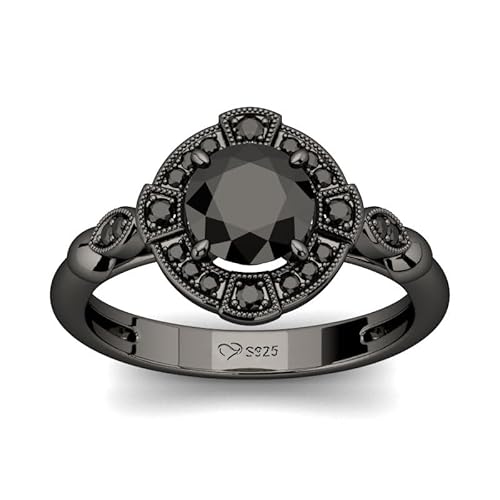 Jeulia Milgrain 925 Sterling Silber Damenring mit Rundschliff Schwarz Verlobungsring Ewigkeitsringe Eheringe für ihre Frauen Mädchen zum Geburtstag, Valentinstag, Weihnachten (Schwarz, 68(21.8)) von Jeulia