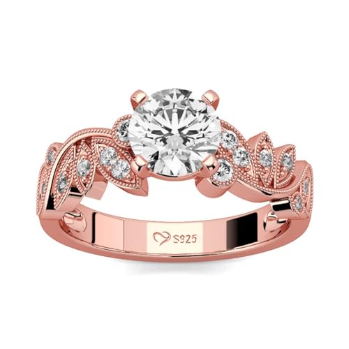 Jeulia Milgrain Ring aus Sterlingsilber Blattdesign Verlobungsring Ewigkeitsringe Eheringe Zirkonia Kristall Damenring zum Jubiläum, Weihnachten, Valentinstag (Roségold, Rundschliff, 54(17.3)) von Jeulia