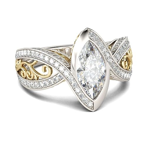 Jeulia Ring aus Sterlingsilber im Vintage Stil zweifarbig Marquise Schliff Band Verlobungsversprechen Jubiläumsringe für Frauen Mädchen mit Schmuckschatulle (Silber und Gelbgold, 54(17.3)) von Jeulia