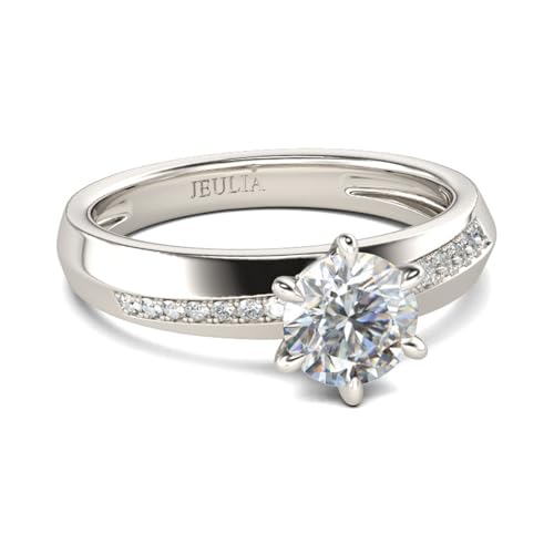 Jeulia Rundschliff-Damenring aus 925er-Sterlingsilber, einfache Verlobung, Jahrestag, Versprechen, Bandringe mit Schmuckschatulle für Jahrestag, Weihnachten Valentinstag (Silber, 61(19.4)) von Jeulia
