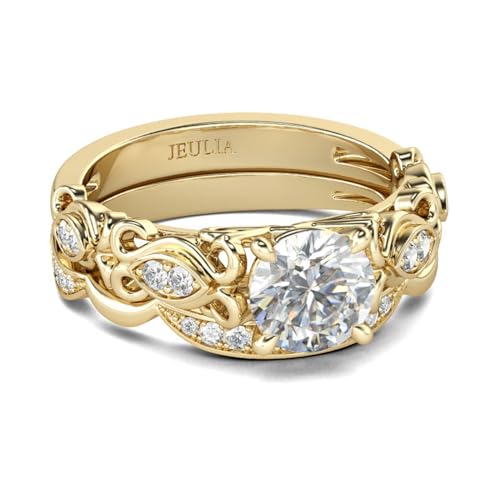 Jeulia Rundschliff-Ringset aus Sterlingsilber Spitze Verlobungsring Ewigkeitsringe Eheringe Zirkonia Kristall Damenringset zum Jubiläum, Weihnachten, Valentinstag (Gelbes Gold, 53(16.9)) von Jeulia