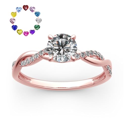 Jeulia Rundschnitt Personalisierte Geburtsstein Promise Verlobungsring Twist 925 Sterling Silber Damenring Moissanit Diamant Ring mit Schmuckschatulle für Weihnachten, Valentinstag (Roségold) von Jeulia