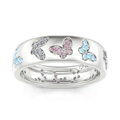 Jeulia Schmetterling Intarsien Damen Bandring: 1.77 ct Rundschliff Eternity Verlobungsring Sterling Silber Promise Unendlichkeit Diamant Zirkonia Schmuck Ring (58（18.5）, Schmetterling) von Jeulia