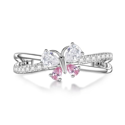 Jeulia Schmetterlings 925 Silber Ringe Frauen Birnenschliff Verlobungsring Ewigkeitsringe Eheringe Zirkonia Kristall Damenring für ihre, Mädchen, Jahrestag, Weihnachten, Valentinstag (Rosa, 51(16.1)) von Jeulia