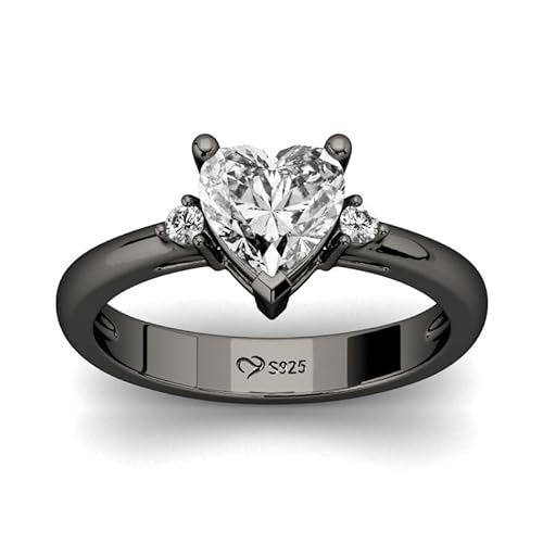 Jeulia Schwarz Herz Diamant Ring:Sterling Silber Weiße Zirkonia Solitär Hochzeit Verlobungsring für Braut Mädchen mit Geschenk Box (64（20.6）, Schwarz) von Jeulia