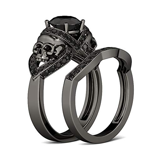 Jeulia Schwarz Schädel Ringe Set Rundschliff Sterling Silber Ringe Set Schmuck für Verlobungsring Trauring Ehering (52 (16.6)) von Jeulia