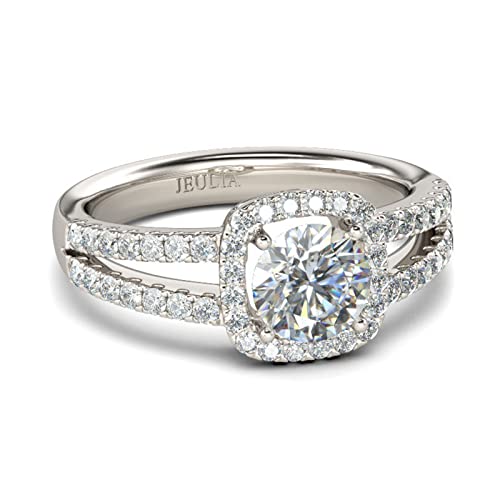 Jeulia Sterling Silber Damen Ringe: Halo Rundschliff Diamant Verlobungsring mit Geteiltem Schaft Schmuck für Braut Hochzeit Band (54（17.3）, Silber) von Jeulia
