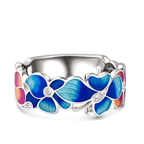 Jeulia Sterling Silber Promise Ring:Damen Mehrfarbig Emaille Blumen Band Smile Breiter Ring Diamant Verlobung Anniversary Schmuck Personalisierte Geschenk Box für Frauen Mädchen (59（19.0）, Flowers) von Jeulia
