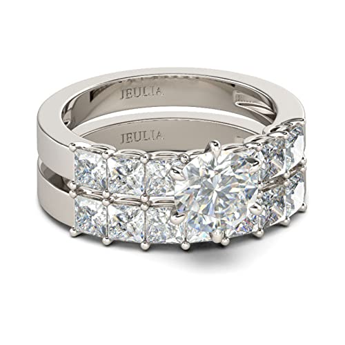 Jeulia Sterling Silber Ring Set: Damen Rundschliff Weiße Diamant Ringe Band für Braut Schmuck mit Geschenk Box Verlobungsring (50（15.7）, Silber) von Jeulia