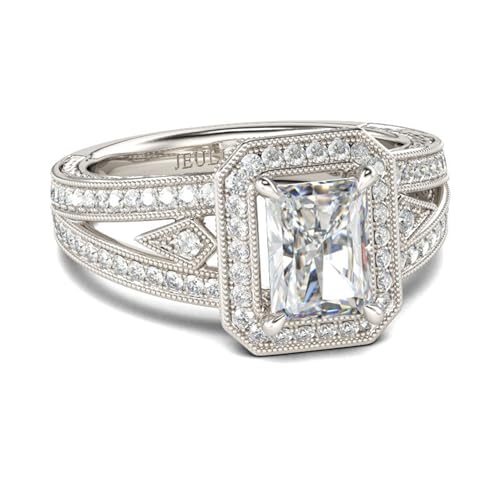 Jeulia Strahlender Halo-Schnitt Verlobungsring Ewigkeitsringe Eheringe Smaragd 925 Silber Ring Für Damen Mädchen mit Schmuckschatulle zum Weihnachten, Valentinstag (Milgrain-Design, 57(18.1)) von Jeulia