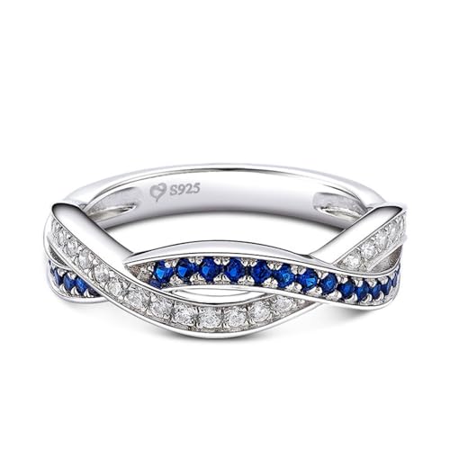 Jeulia Twist Design Damen-Bandring aus Sterlingsilber mit rundem Schliff, Valentinstagsversprechen, Jubiläumsringe für Sie, Frauen und Mädchen, mit Schmuckschatulle (Silber und Blau, 50(15.7)) von Jeulia