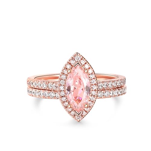 Jeulia Verlobungs-/Ehering-Set aus 925er-Sterlingsilber mit Halo-Marquise-Schliff, synthetischer Morganit-Ring-Set für Frauen, ihre Teenager-Mädchen, mit Schmuckschatulle (Roségold, 54(17.3)) von Jeulia