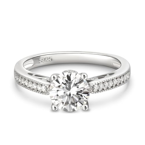 Jeulia klassischer Moissanit Diamant Ring Sterlingsilberring Engagement Versprechen Jubiläum Bandringe mit Rundschliff für Geburtstage, Weihnachten, Valentinstag (Silber, 53(16.9)) von Jeulia