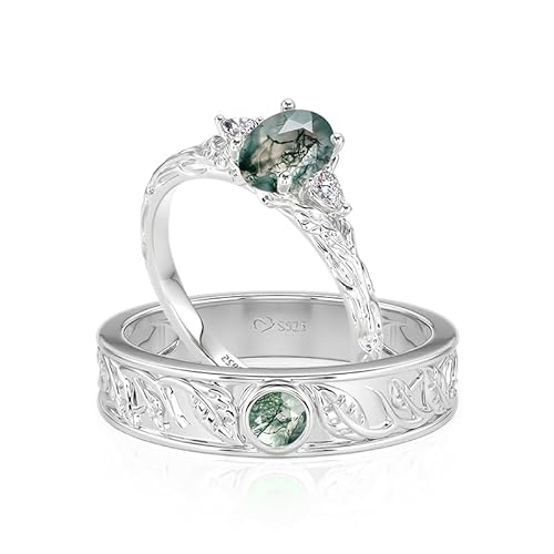 Paarring Moosachat Ehering Damen Herren Hochzeitsring Sterling Silber Partnerring Trauring mit Zirkonia Verlobungsring Set Bandring für Valentinstag Hochzeit Versprechung (Silber, 66(21)) von Jeulia