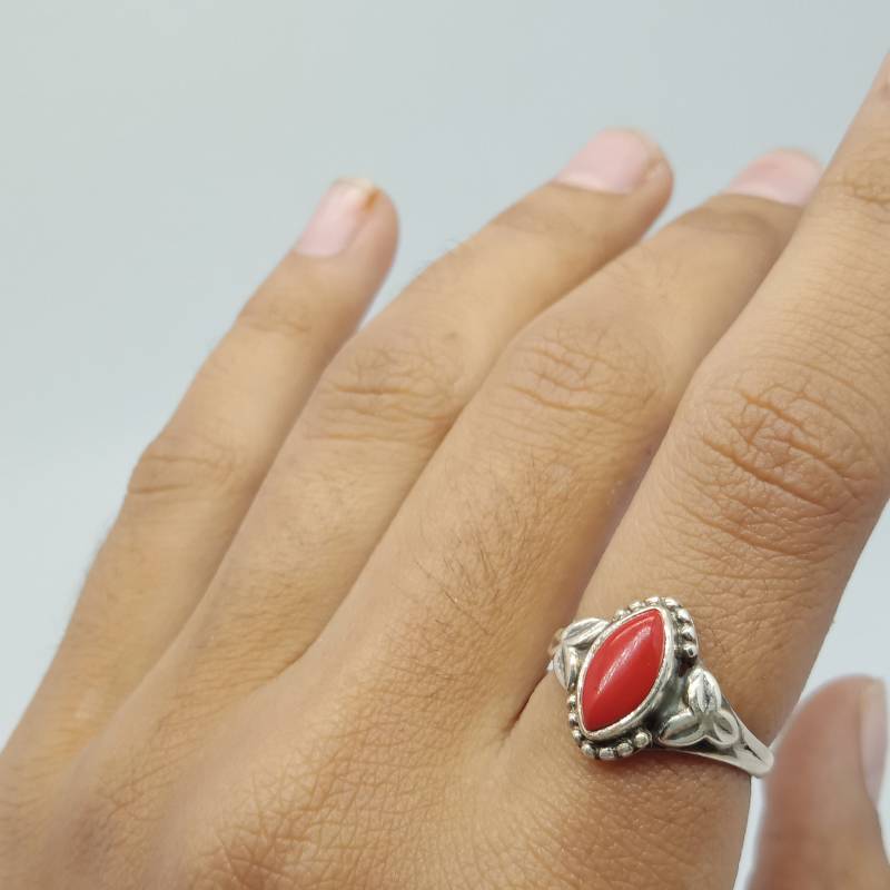 Rote Koralle Silber Ring - 925 Sterling Boho Weihnachtsgeschenk Täglich Tragen Runde Form von Jevraat