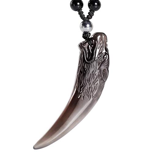 Jewboo Schwarzer Obsidian einfacher Stil Wolfszahn Halskette Naturstein Heilkristall Anhänger mit verlängerter Perlenkette Unisex, Stein, Obsidian von Jewboo