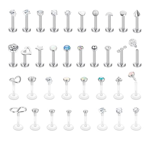 JewBella 36 Stück 16G Tragus Piercing Lippenpiercing Labret Stecker Chirurgenstahl Knorpel Helix Ohrringe für Damen Herren CZ Mond Herz Stern Medusa Nasenstecker Silber Helix Ohr Piercing Studs von JeweBella