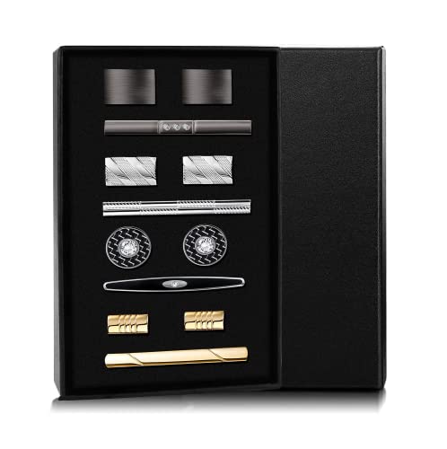 JeweBella 10/12 Stück Krawattenklammer Manschettenknöpfe Herren Klassischer Business-Stil Krawattennadel Manschettenknöpfe Silber Gold Schwarz Set Hochzeit Festival Geschenk Box Set von JeweBella