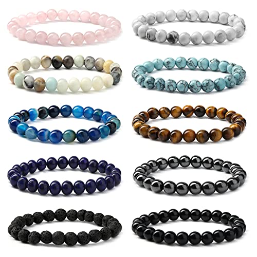 JeweBella 10Stück Natürliche Edelstein Armbänder Damen Herren Perlen Armbänder Rose Quartz Amethyst Tigerauge Obsidian Rotes Achat Türkisfarbenes Lavastein Armband Paare Stretch Armbänder Schmuck von JeweBella