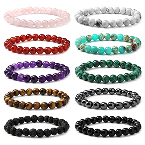 JeweBella 10Stück Natürliche Edelstein Armbänder Damen Herren Perlen Armbänder Rose Quartz Amethyst Tigerauge Obsidian Rotes Achat Türkisfarbenes Lavastein Armband Paare Stretch Armbänder Schmuck von JeweBella