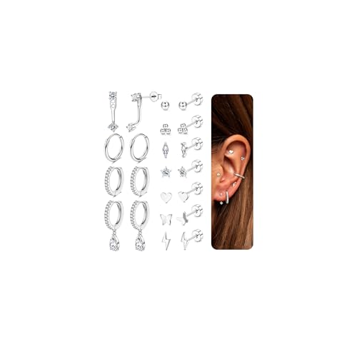 JeweBella 11 Paar Ohrringe Gold Set Medizinische Ohrstecker Chirurgenstahl Damen Hypoallergene Ohrringe Silber Kleine Zirkonia Ohrringe Hängend Creolen Gold Knorpel Ohrringe für Mehrere Piercings von JeweBella