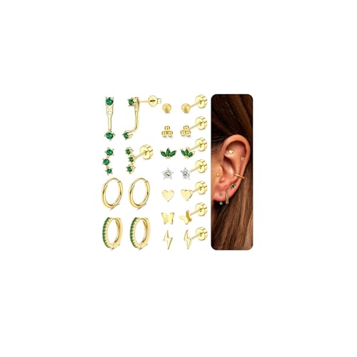 JeweBella 11 Paar Ohrringe Gold Set Medizinische Ohrstecker Chirurgenstahl Damen Hypoallergene Ohrringe Silber Kleine Zirkonia Ohrringe Hängend Creolen Gold Knorpel Ohrringe für Mehrere Piercings von JeweBella