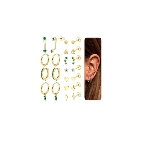 JeweBella 11 Paar Ohrringe Gold Set Medizinische Ohrstecker Chirurgenstahl Damen Hypoallergene Ohrringe Silber Kleine Zirkonia Ohrringe Hängend Creolen Gold Knorpel Ohrringe für Mehrere Piercings von JeweBella
